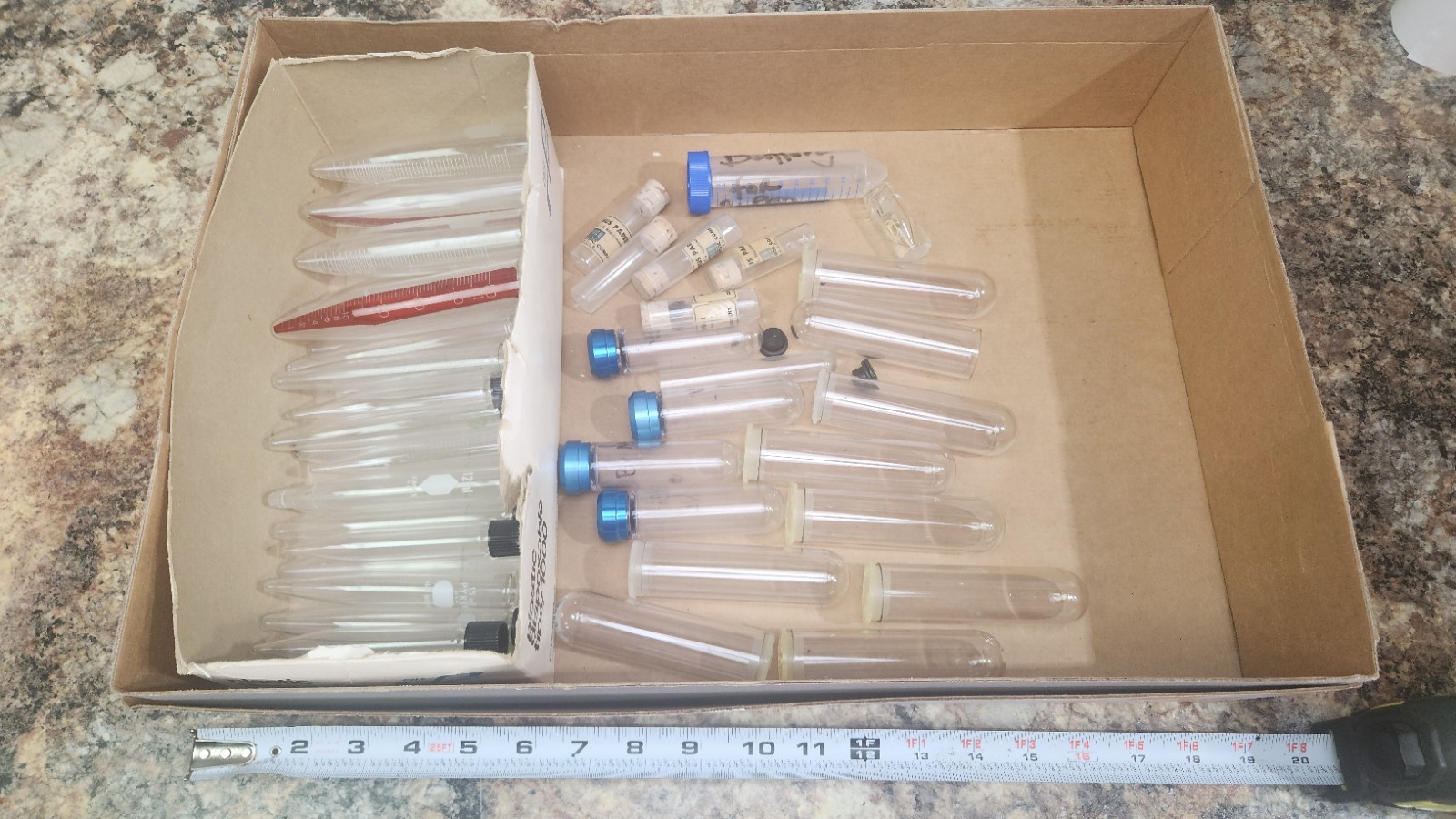 Large Lot of Glass Pyrex and Plastic centerfuge viles and Test Tubes 52 pieces