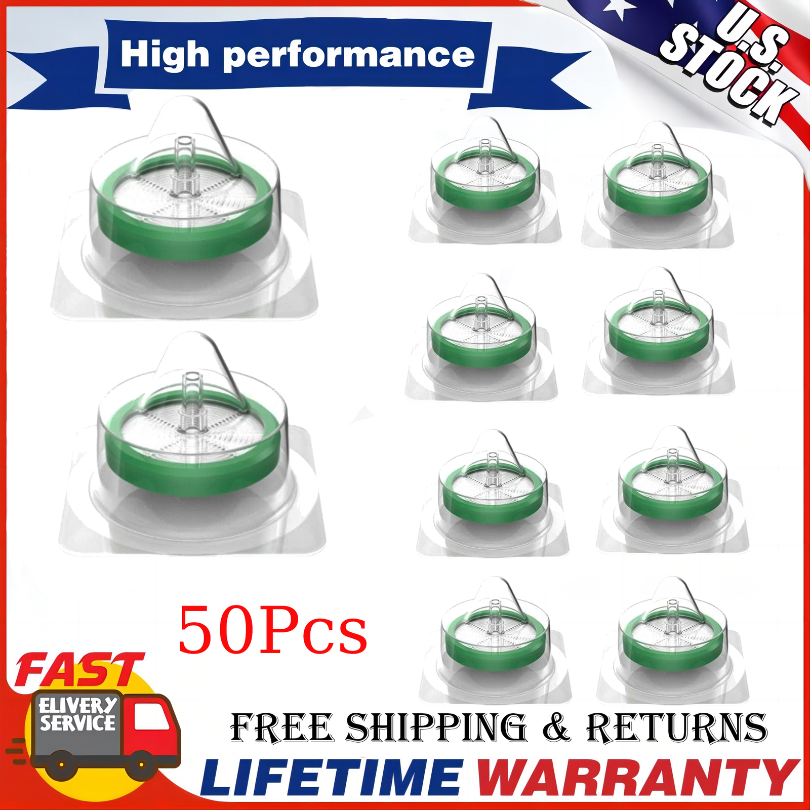 50Pcs Syringe Filter Sterile PES Hydrophilic Filtration 0.22um Pore Size 33mm US