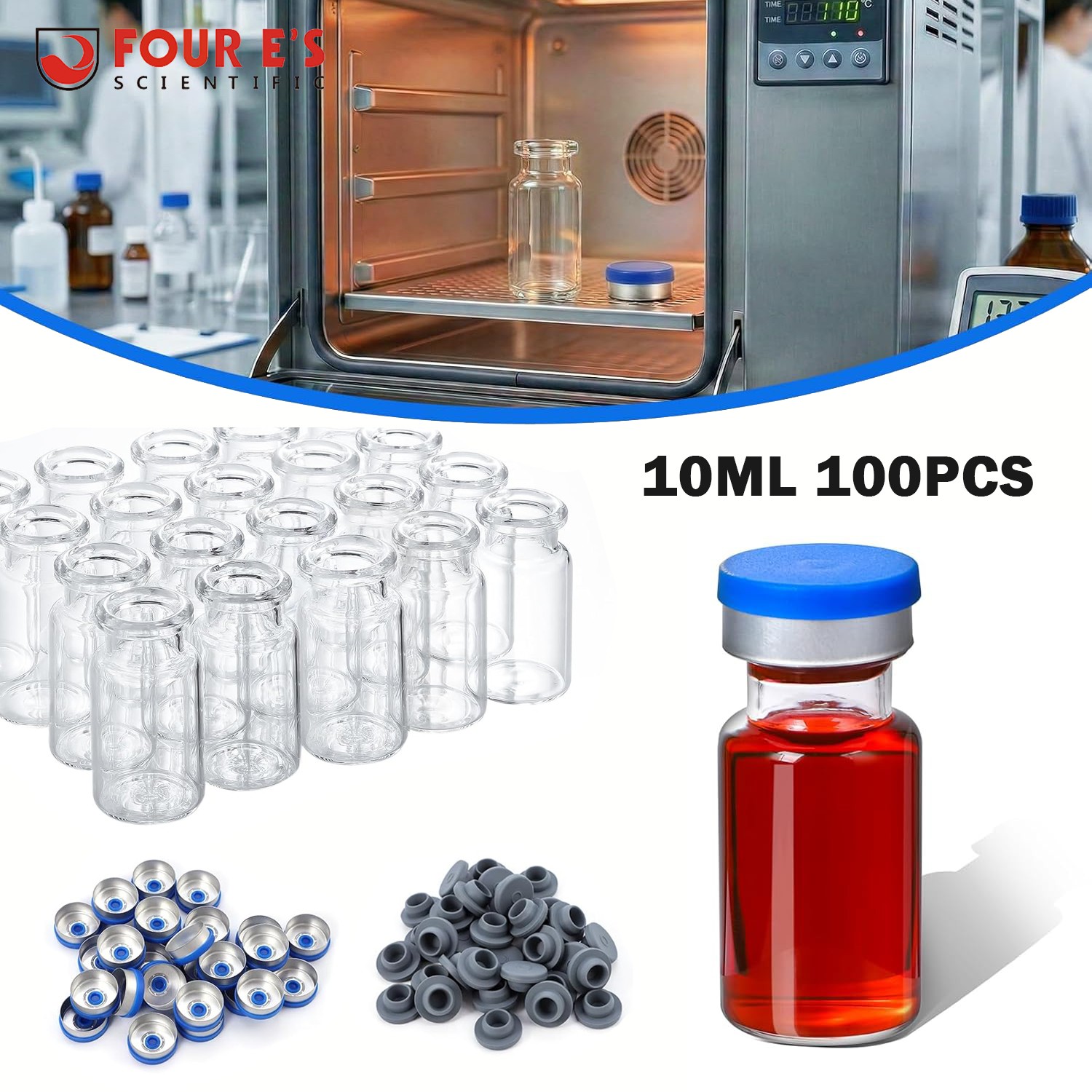 100Pcs 10ml Glass Vials Headspace Vials Sample vials w/ Caps and Rubber Stoppers