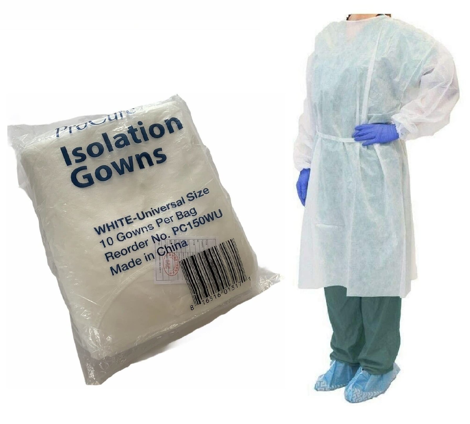 ProCure PC150WU – Procure Disposable Isolation Gowns 10-Count Longsleeve with El