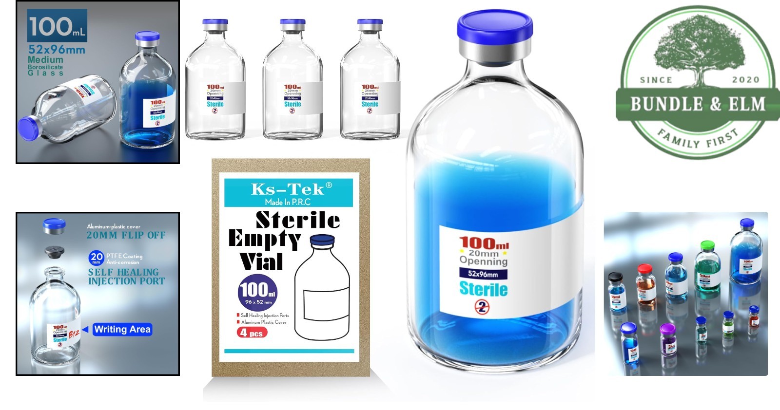 Sterile Empty Vials 100ml with Self-Healing Injection Port and Aluminum Cap