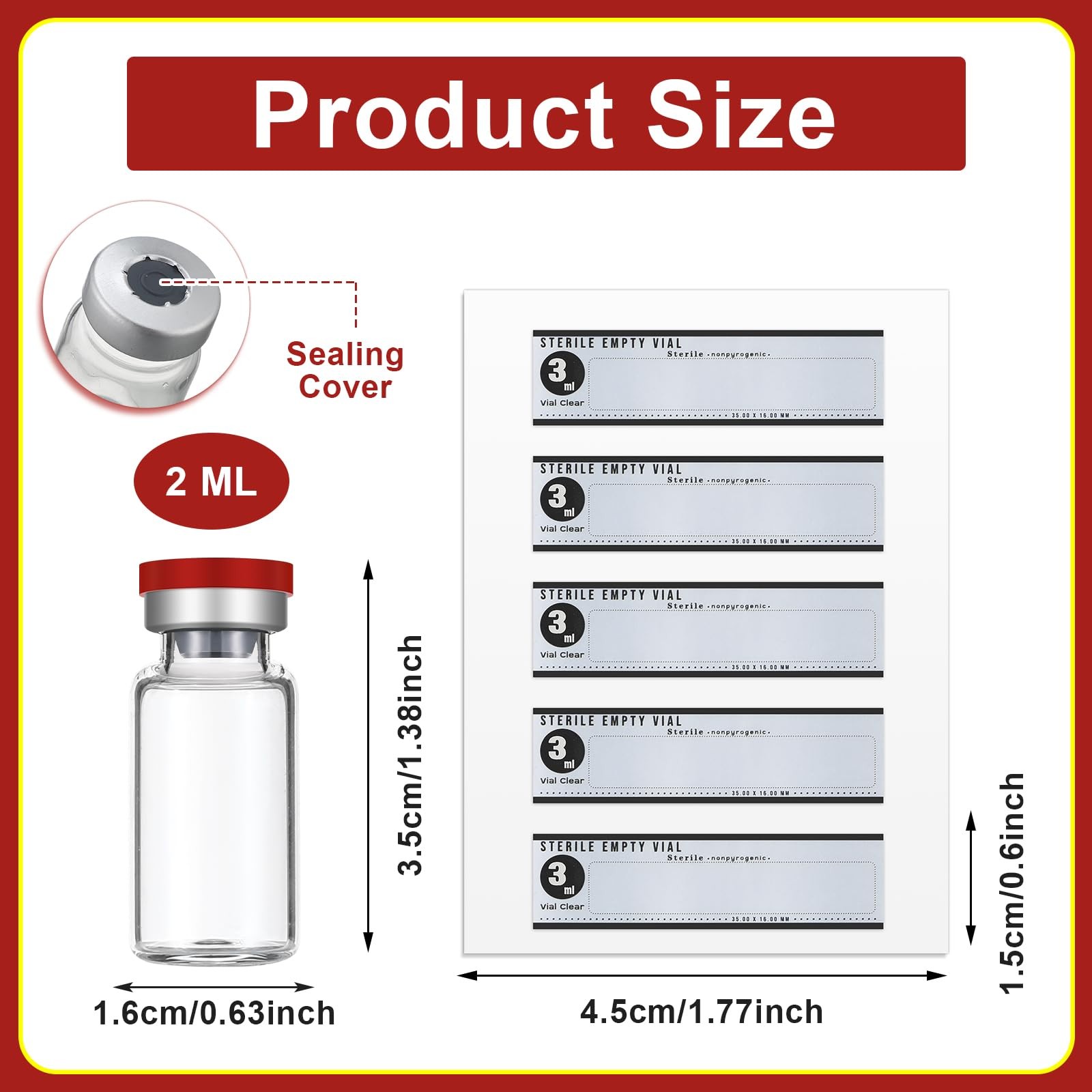 Threlaco 20 Pcs 3ml Sealed Sterile Empty Vials with Self Healing 3ml, Red