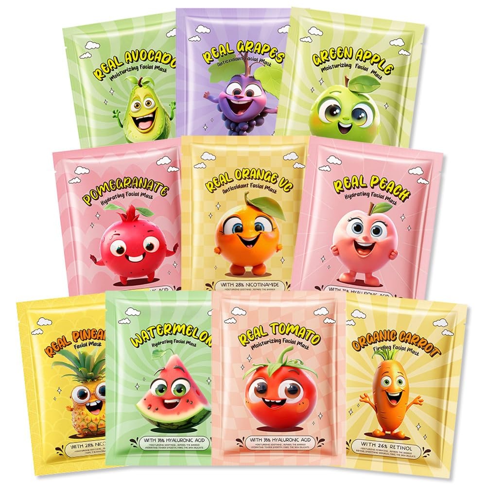 Kaely 10 Pack Fruit Face Masks for 10 Count (Pack of 1), 10Pcs-Set01-Variety