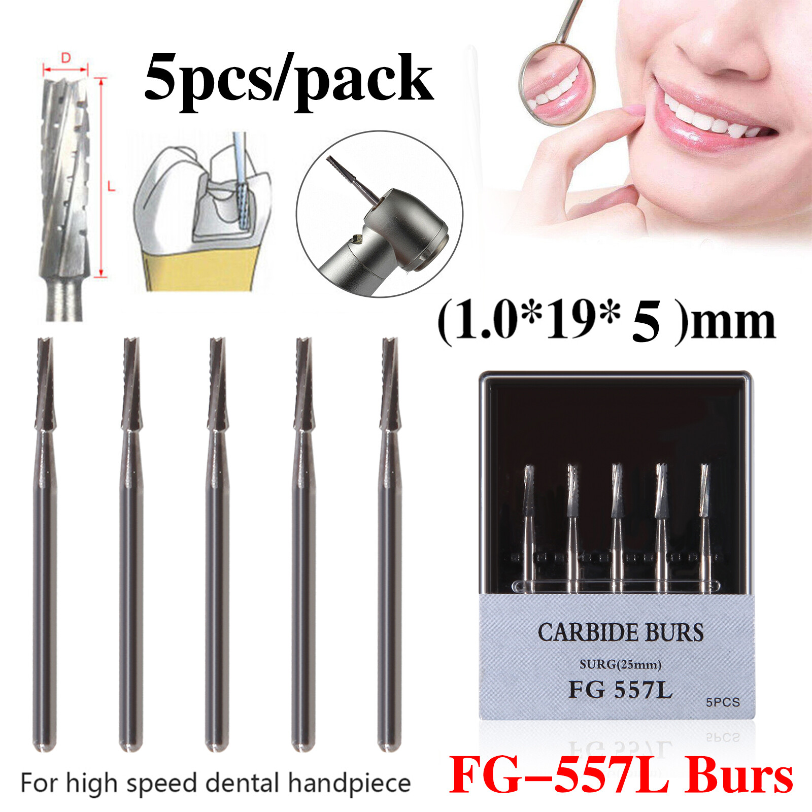 Dental Surgical Carbide Burs Cross Cut Cylinder Fissure FG 557L 25mm Bur DL