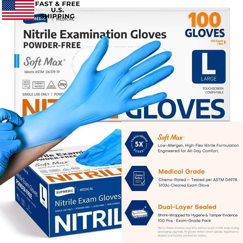 Supmedic Medical Nitrile Exam Gloves, Latex-Free, Large, Blue (Large)