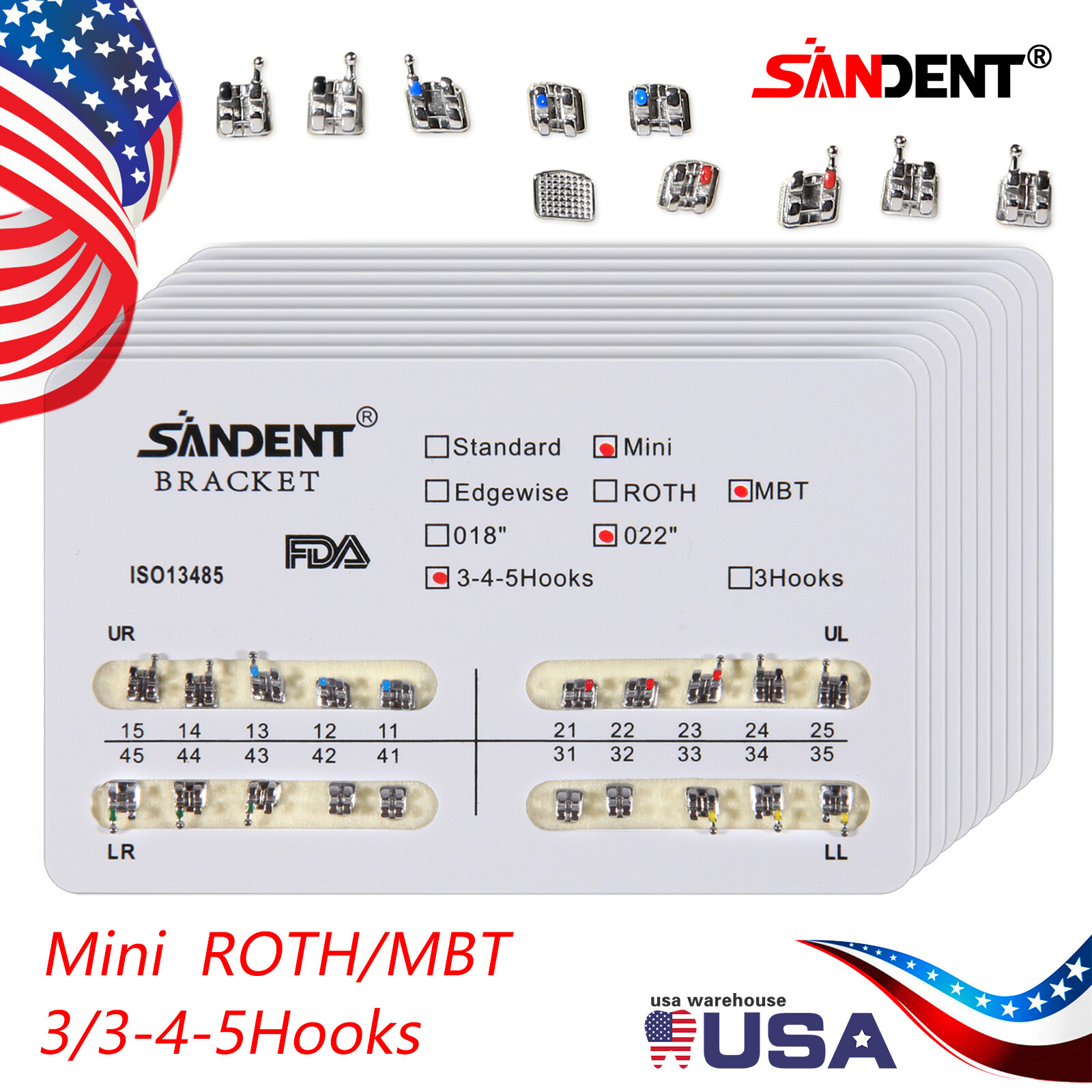 SANDENT Orthodontic Dental Brackets Braces Mini Standard Roth MBT.022 Hooks ns