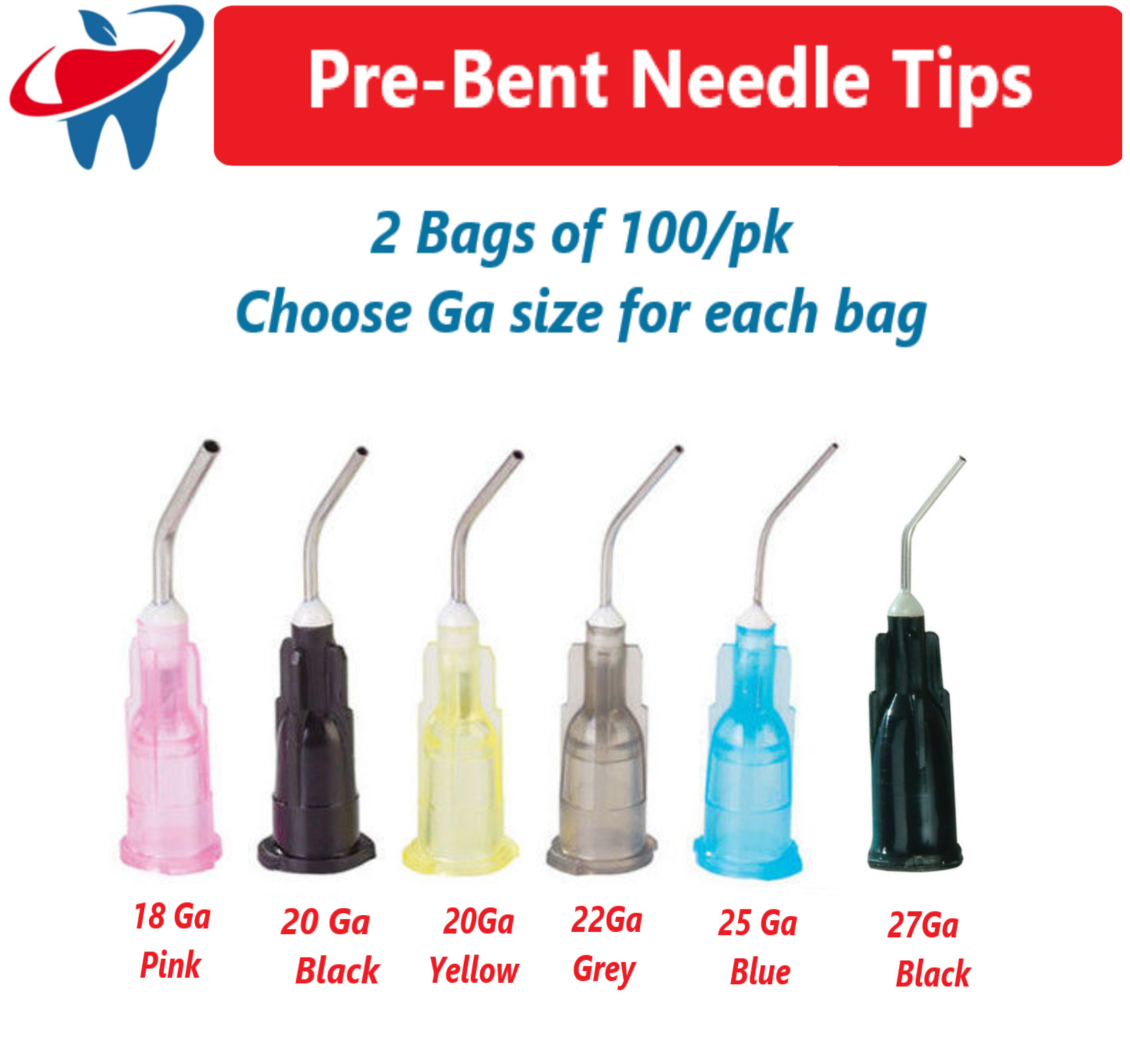 Dental Pre-Bent Tips 25Ga Etch, Sealant, Flow – 2 Bags of 100/pk, Choose Ga Size