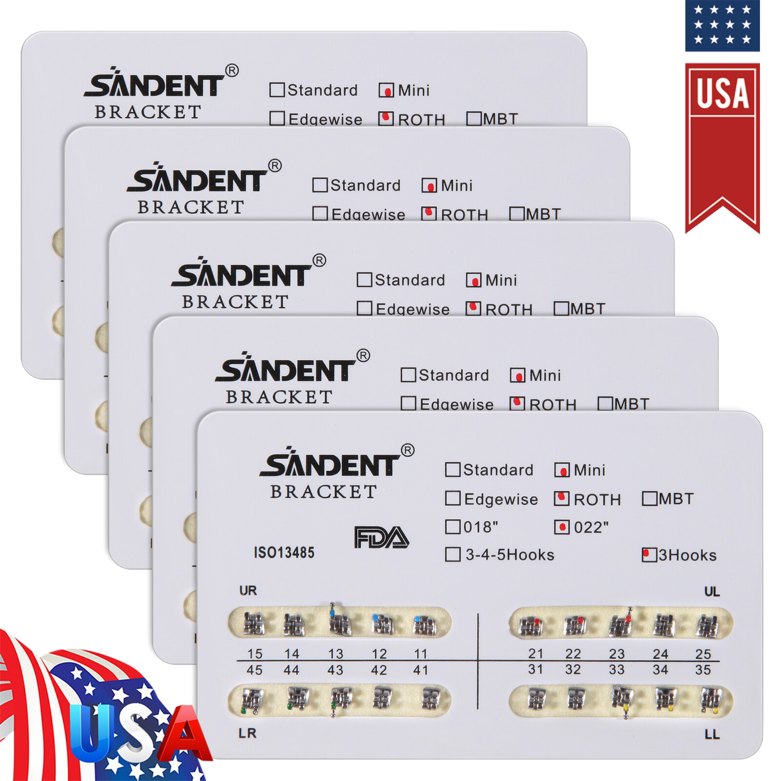 200Pcs Dental Ortho Brackets Braces Mini Roth Slot.022 3-Hooks Metal #3