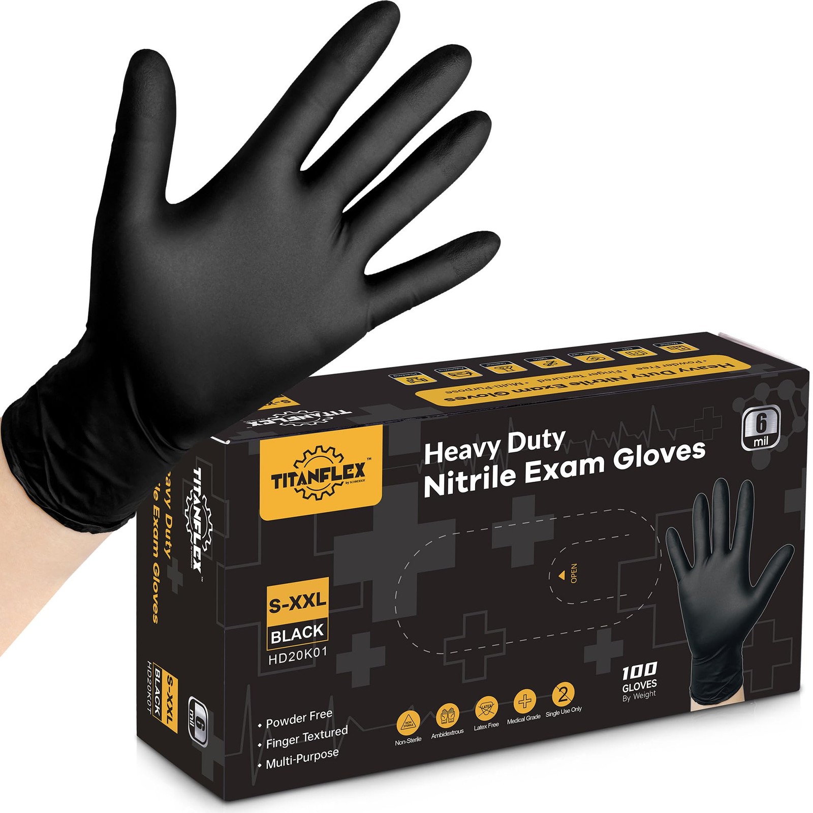 Disposable Nitrile Exam Gloves – 6-mil, Black, Large 100-ct Box, Heavy Duty, …
