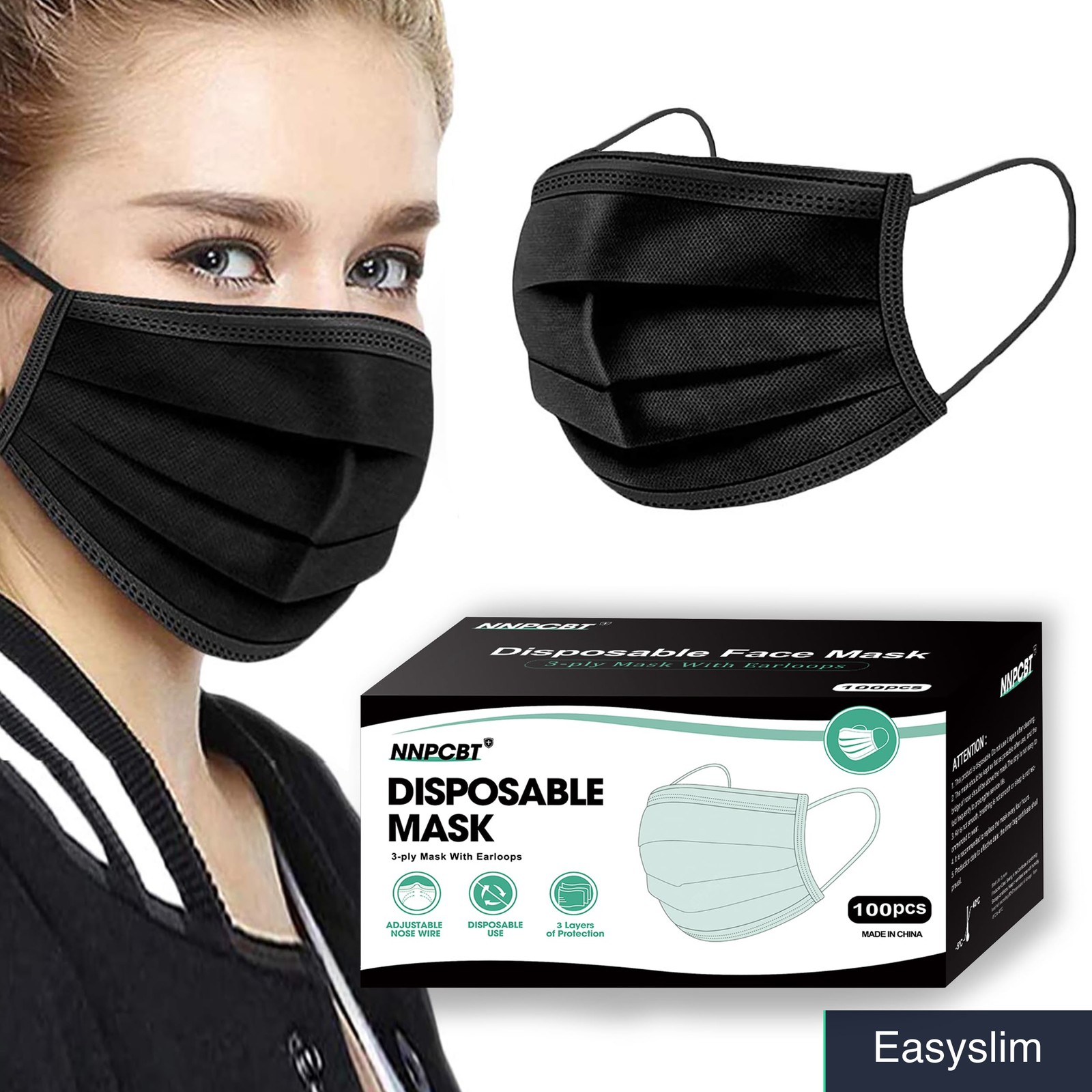 Black Disposable 3-Ply Face Masks, 100-Pack Non-Woven Elastic Ear Loops
