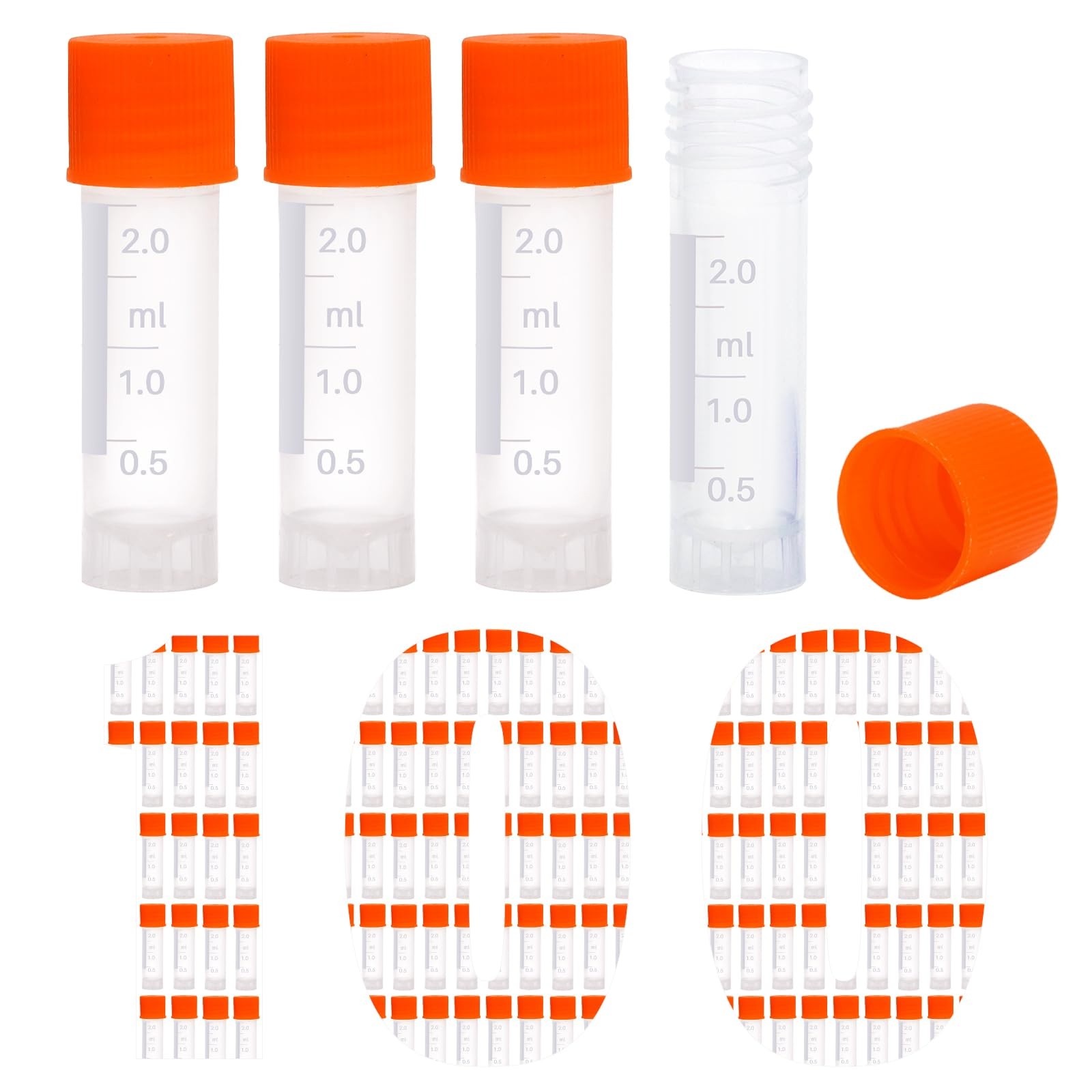 100 PCS 2ml Cryogenic Vials Centrifuge Tubes Plastic Screw Caps Lids Orange