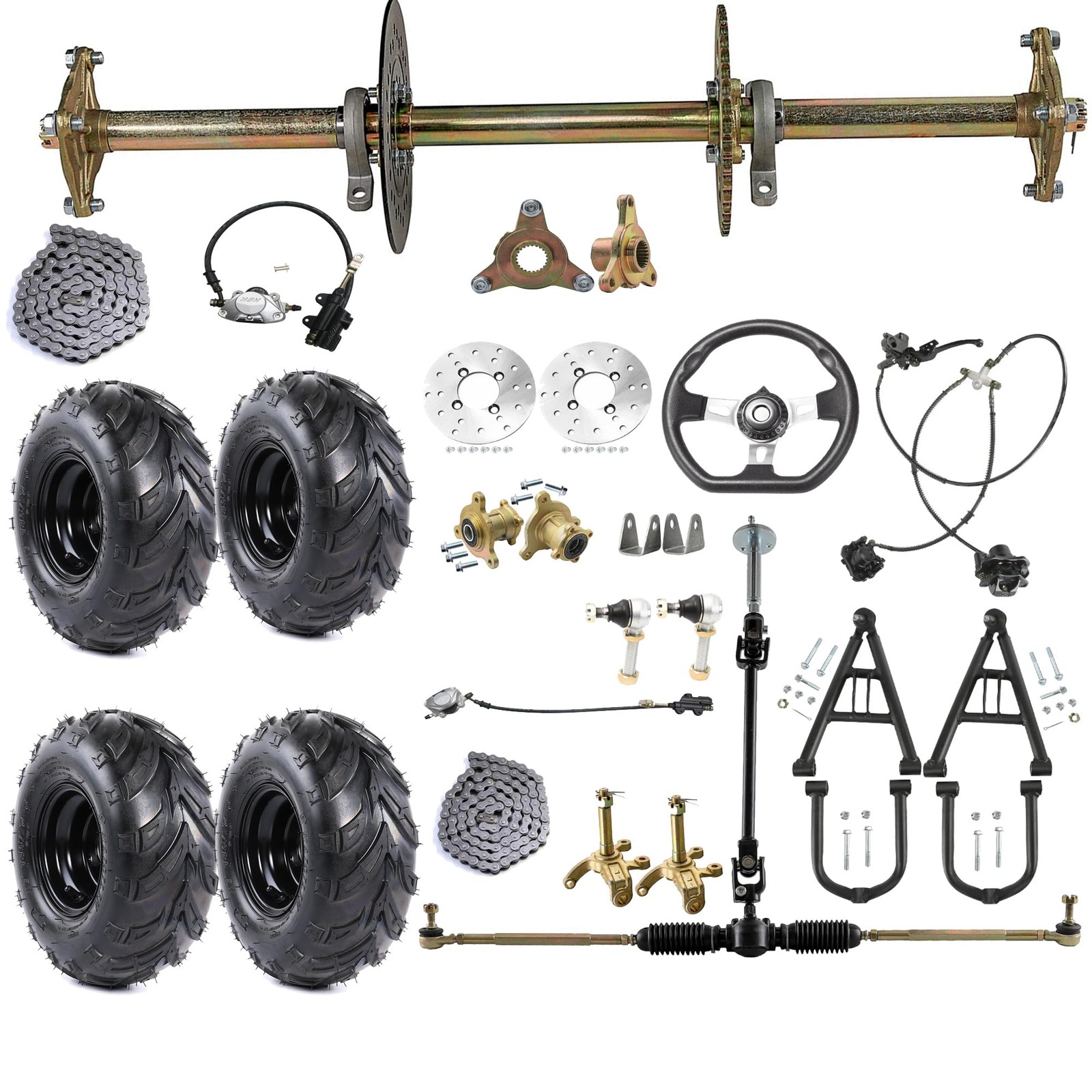 32 810mm Go Kart Rear Axle Kit 145/70-6 Wheels Swing Arm Steering Rack Calipers