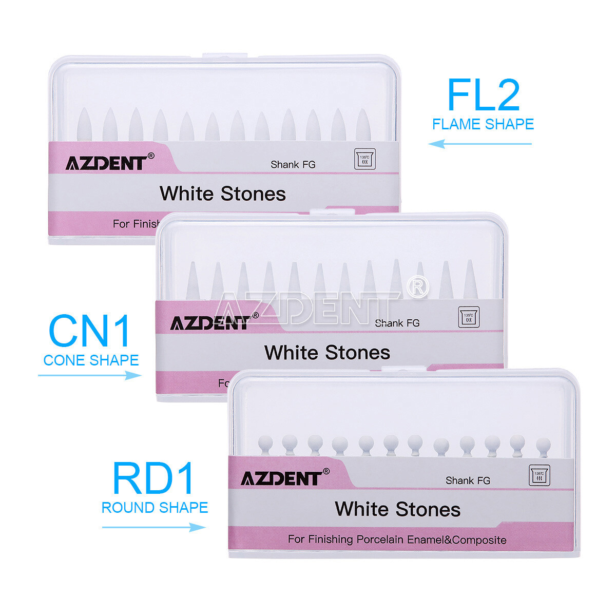 AZDENT Dental Flame/Cone/Round White Stone Polishing FG Burs Aluminum Oxide Bur