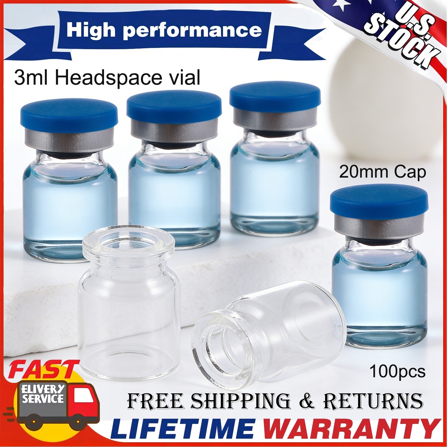 100PCS 3ml Glass Vials Headspace Vials Lab Vial+Caps 20mm Crimp Top Sample Vials