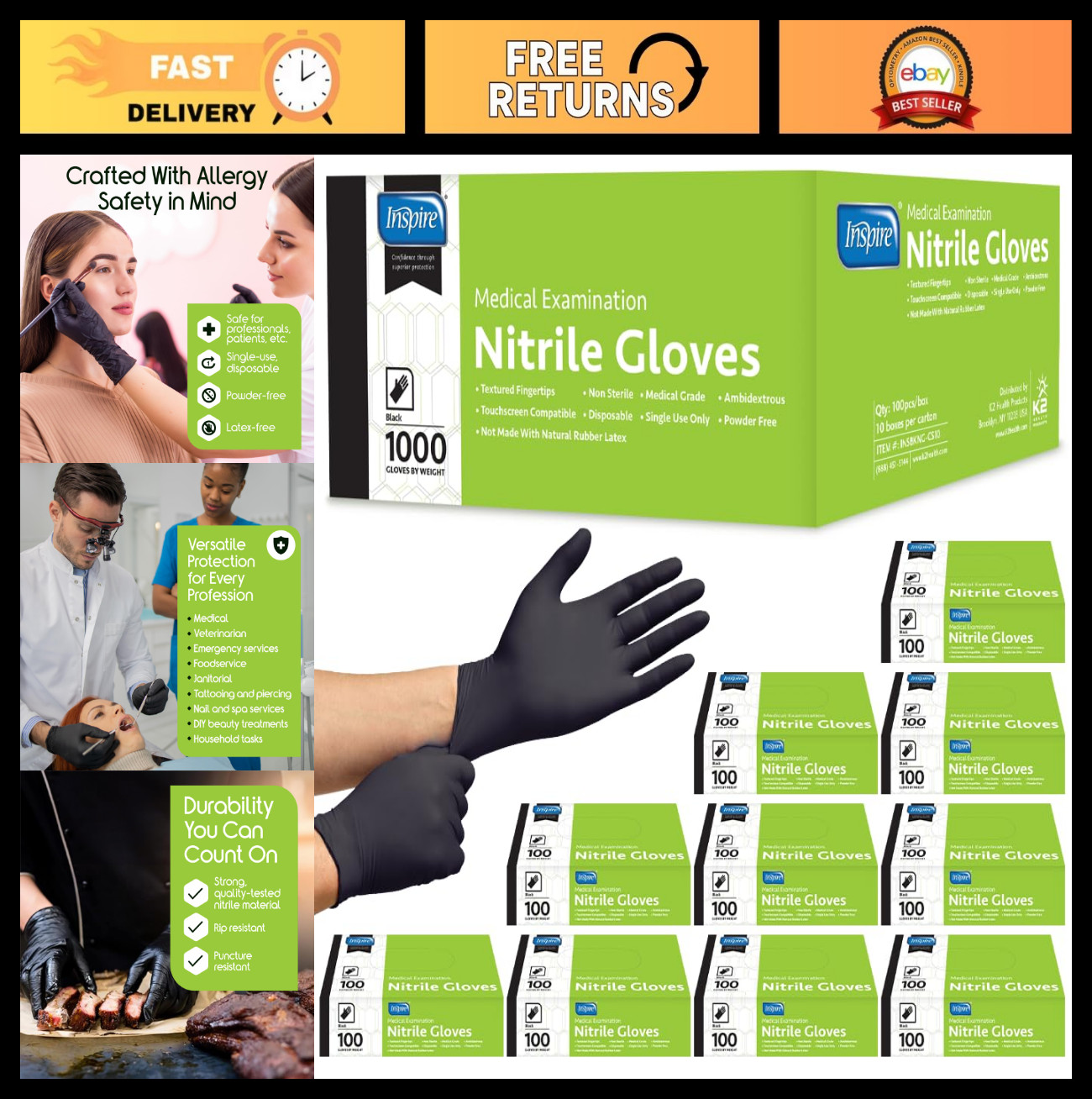 Premium Black Nitrile Gloves | Latex-Free Disposable Medical Exam Gloves | 4.5 M