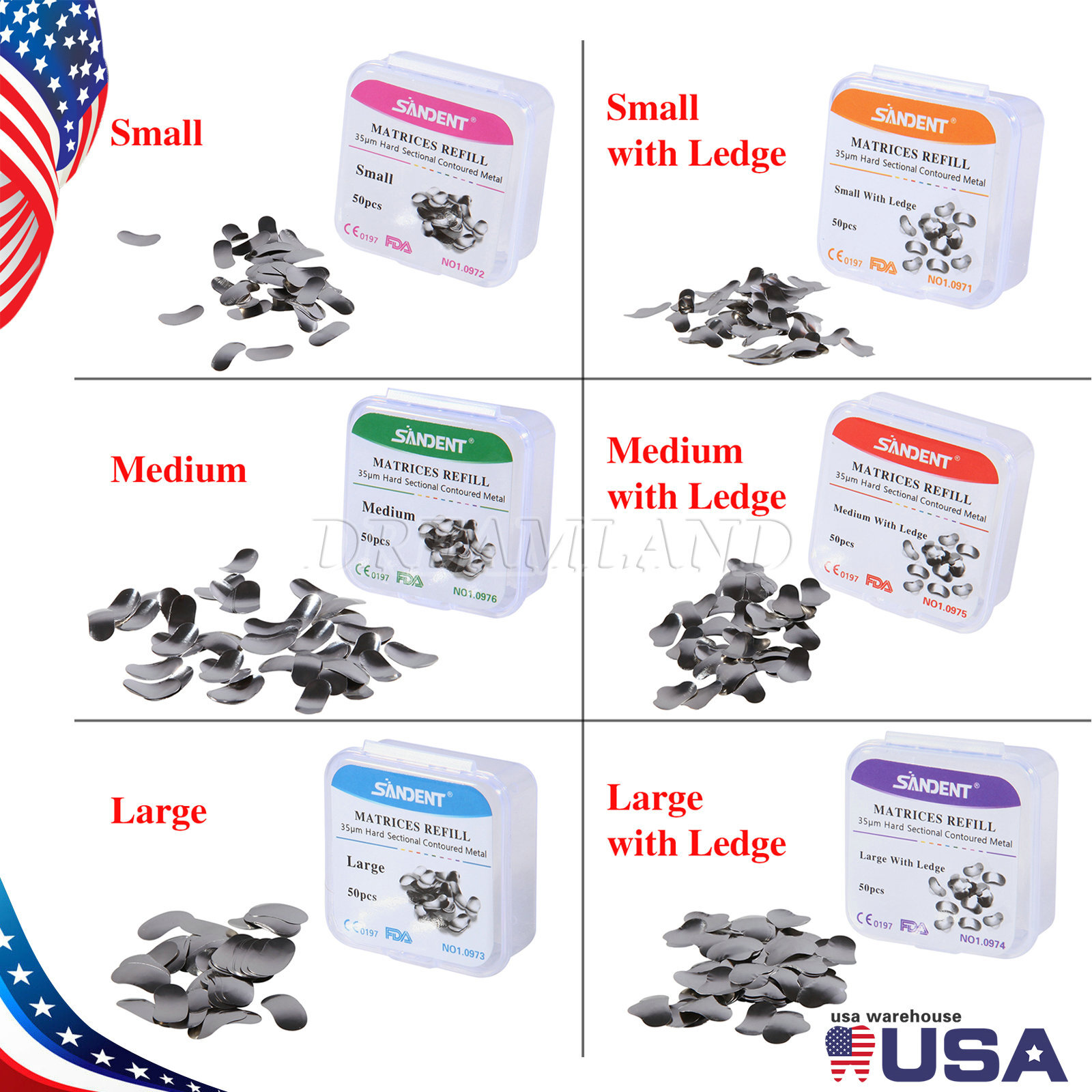 50PC Dental Metal Matrices Matrix Band Sectional Contoured Refill 35μm USA