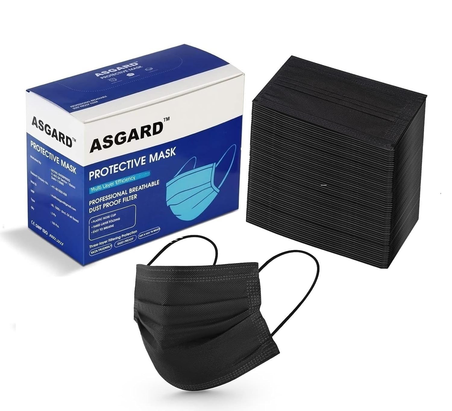 ASGARD Nonwoven Fabric Disposable Multilayer Protective Mask (Black, Pack of 50)