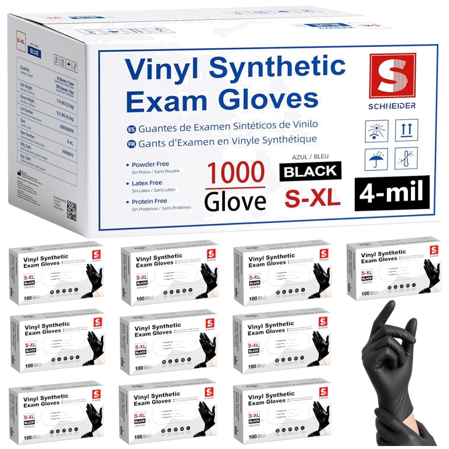 Medical Grade Black Vinyl Gloves, 1000 Ct, Powder-Free