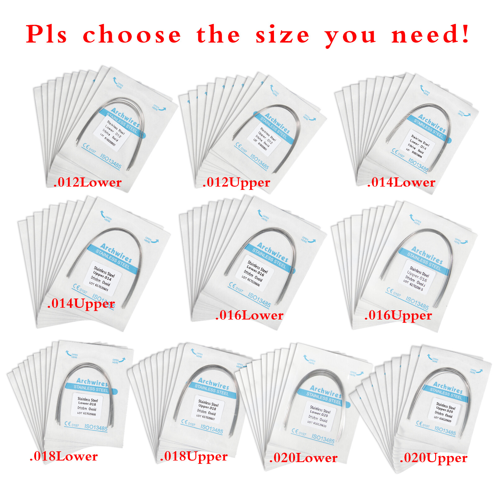 100pcs/10 Bags Dental Orthodontic Stainless Steel Arch Wires Ovoid Form U & L