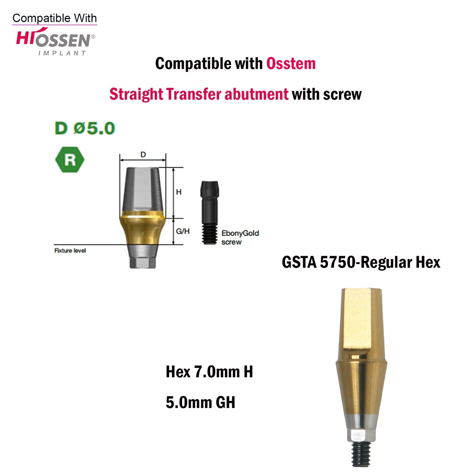 US Straight Transfer Abutment Regular Ø5.0 For Osstem Hiossen Hex 7.0mm Implants