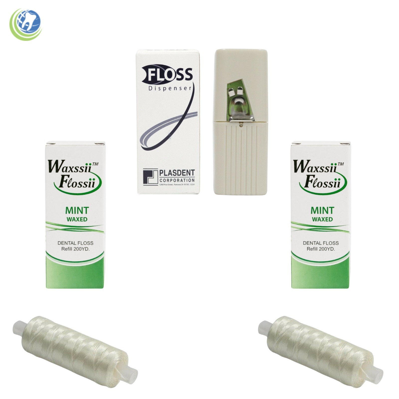 DENTAL PROFESSIONAL FLOSS DISPENSER & 2 WAXED MINT FLAVOR SPOOL REFILLS 200 YD.