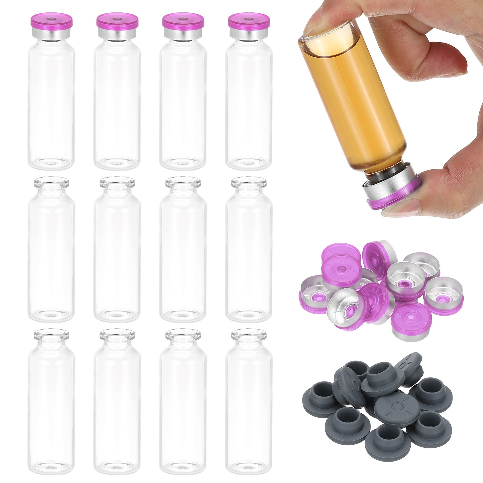 12pcs 20ml Small Clear Glass Vials with Purple Silver Color