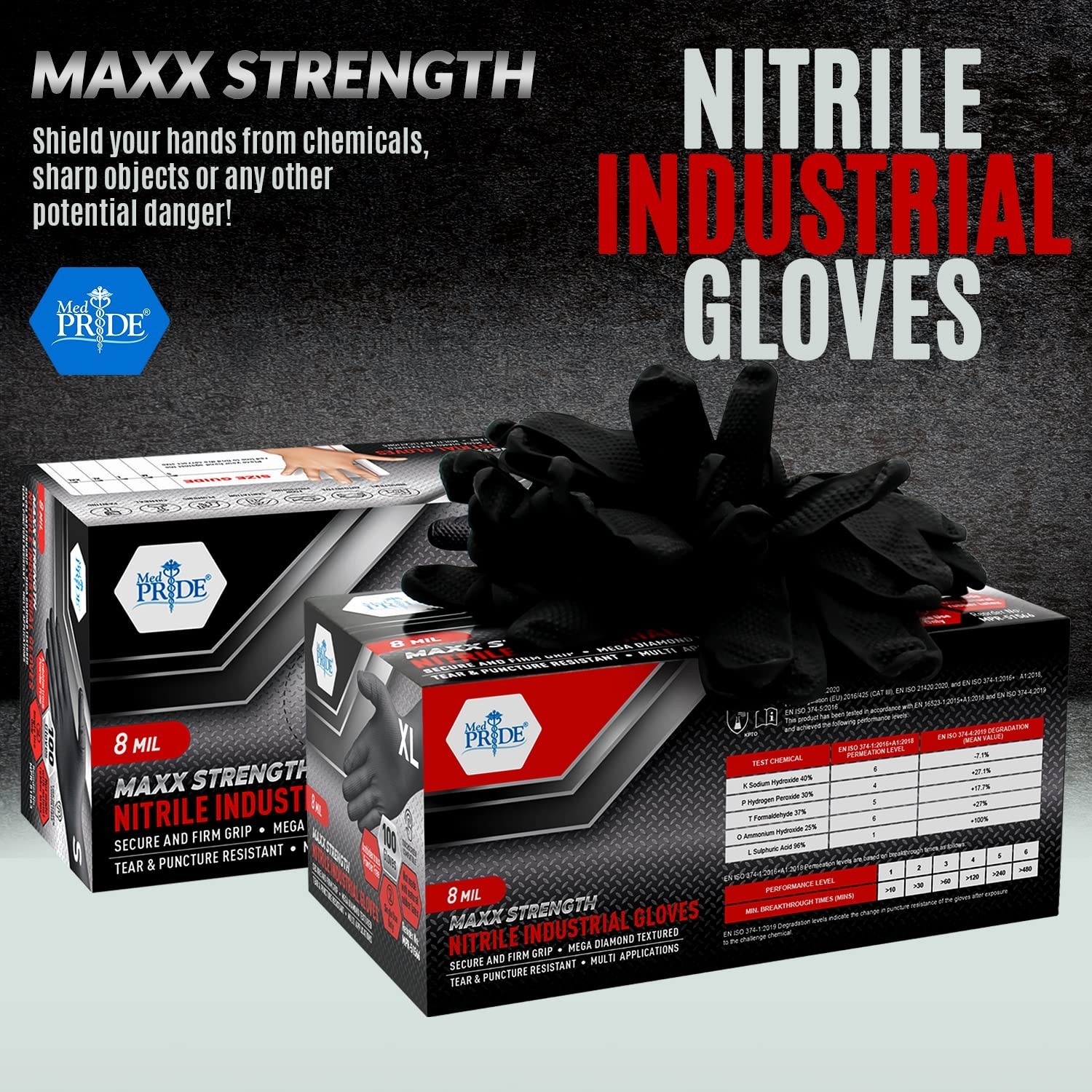 Heavy-Duty Black Nitrile Gloves – 8 Mil Thick, Tear-Resistant, Diamond Texture