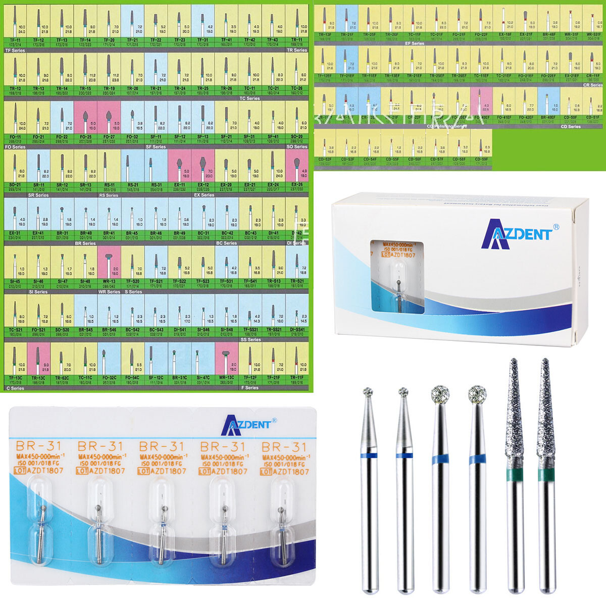 1000pcs/200Box AZDENT Dental Diamond Burs For High Speed Handpiece Friction Grip