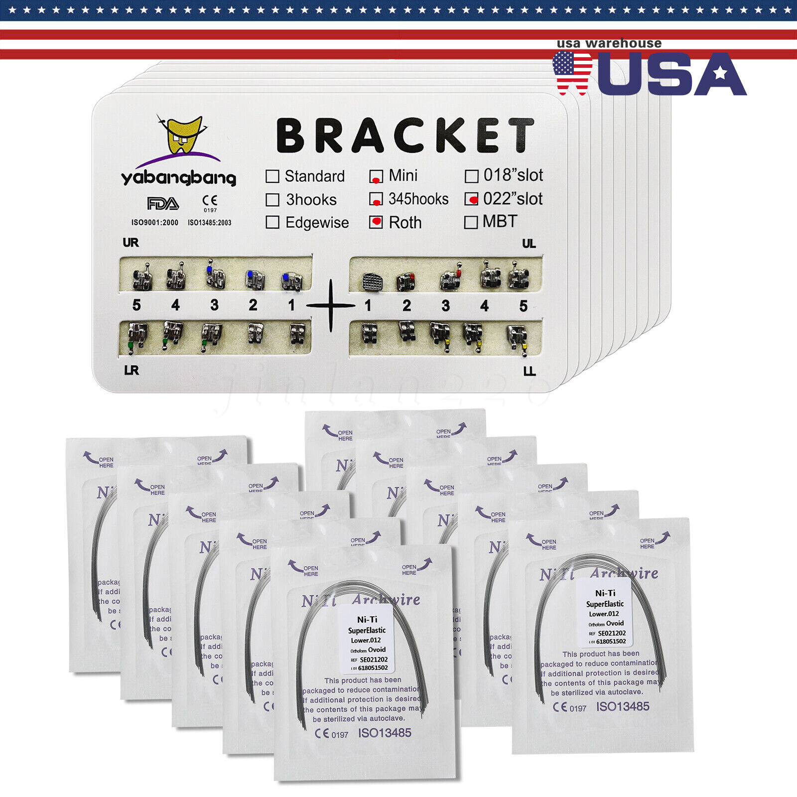 10pack Dental Orthos Bracket Braces Roth/MBT 022 Slot 3/3-4-5Hook/1pack Archwire