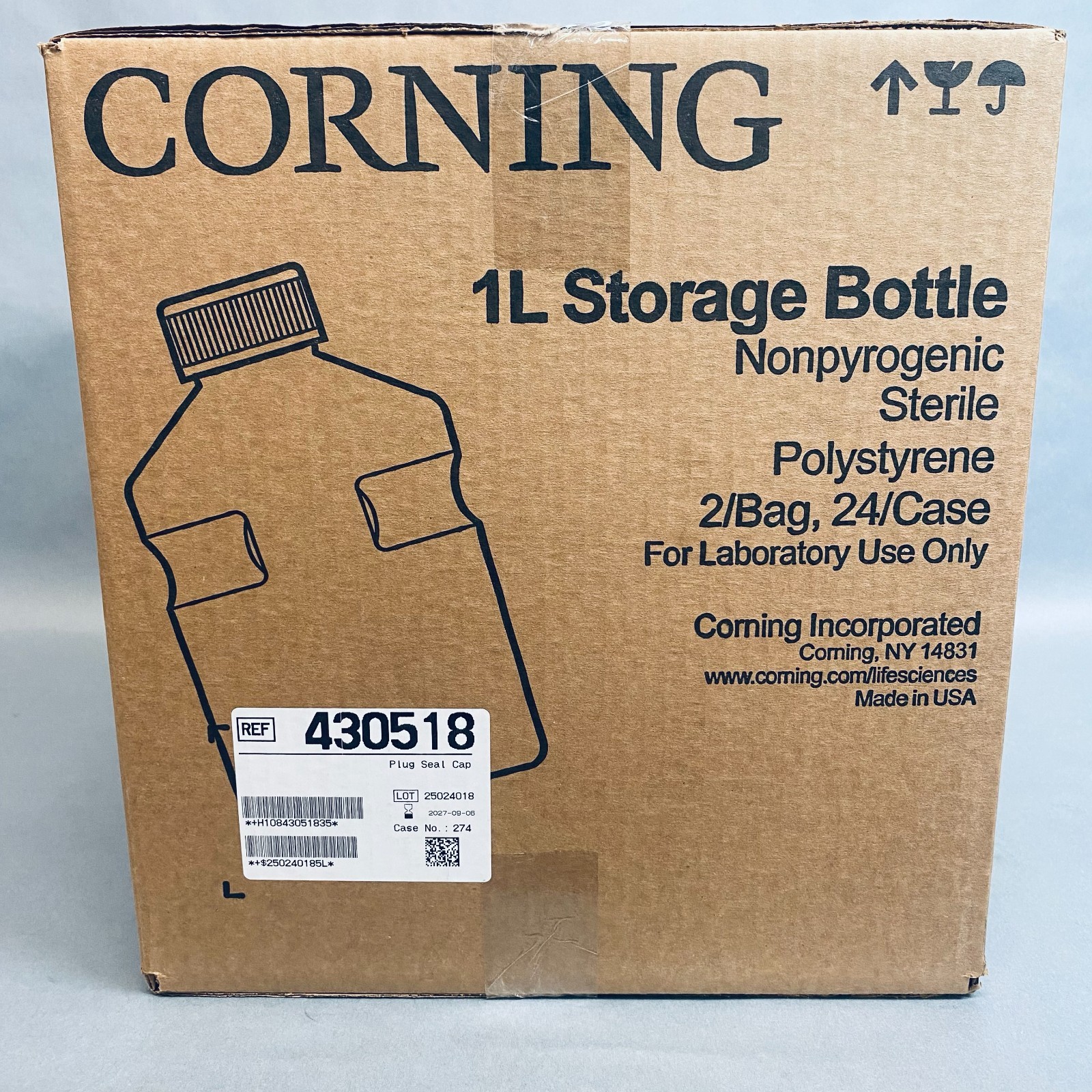 Corning Easy Grip Storage Bottle 1L Polystyrene Plug Seal Cap Case of 24 Bottles