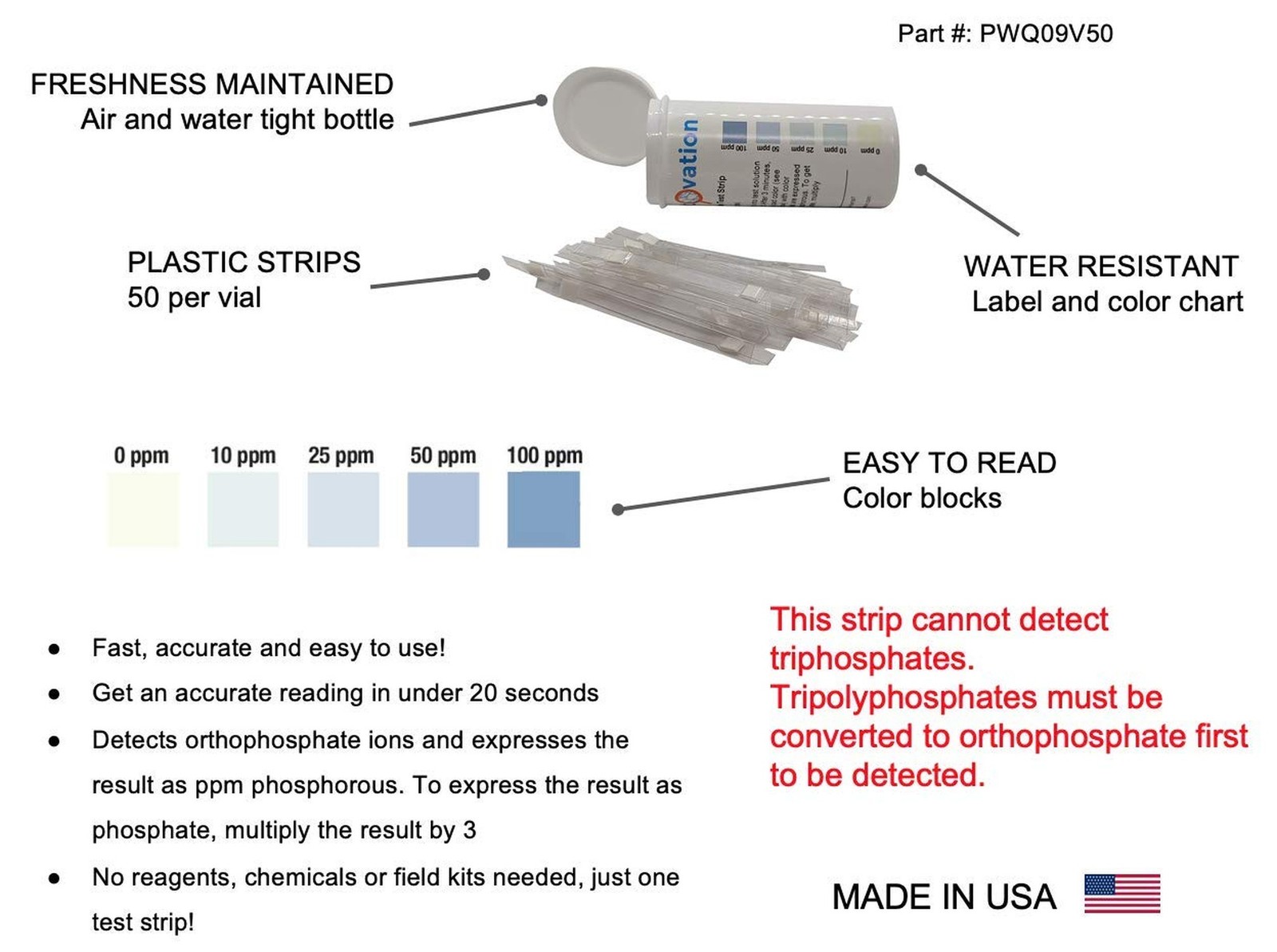Phosphorus and Phosphate Detection Test Strips, 0-100 ppm [Vial of 50 Strips]