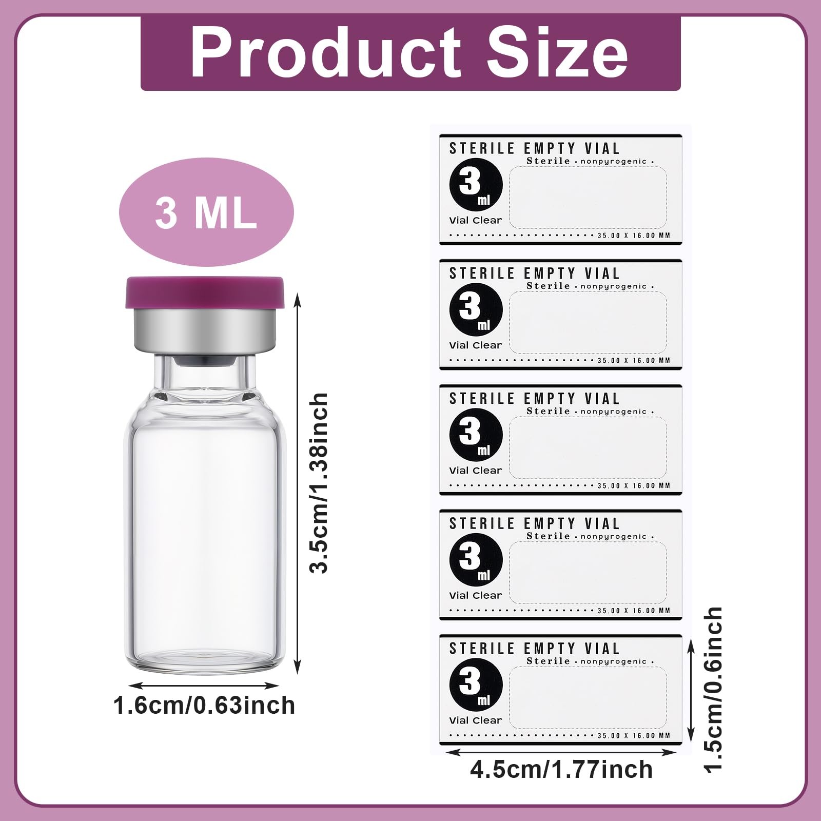 Threlaco 20 Pcs 3ml Sealed Sterile Empty Vials with Self Healing Purple
