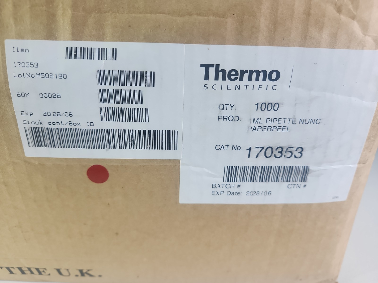 Thermo Scientific Cat#170353 1mL Serological Pipette NuncPaperpeelWRAP Case 1000