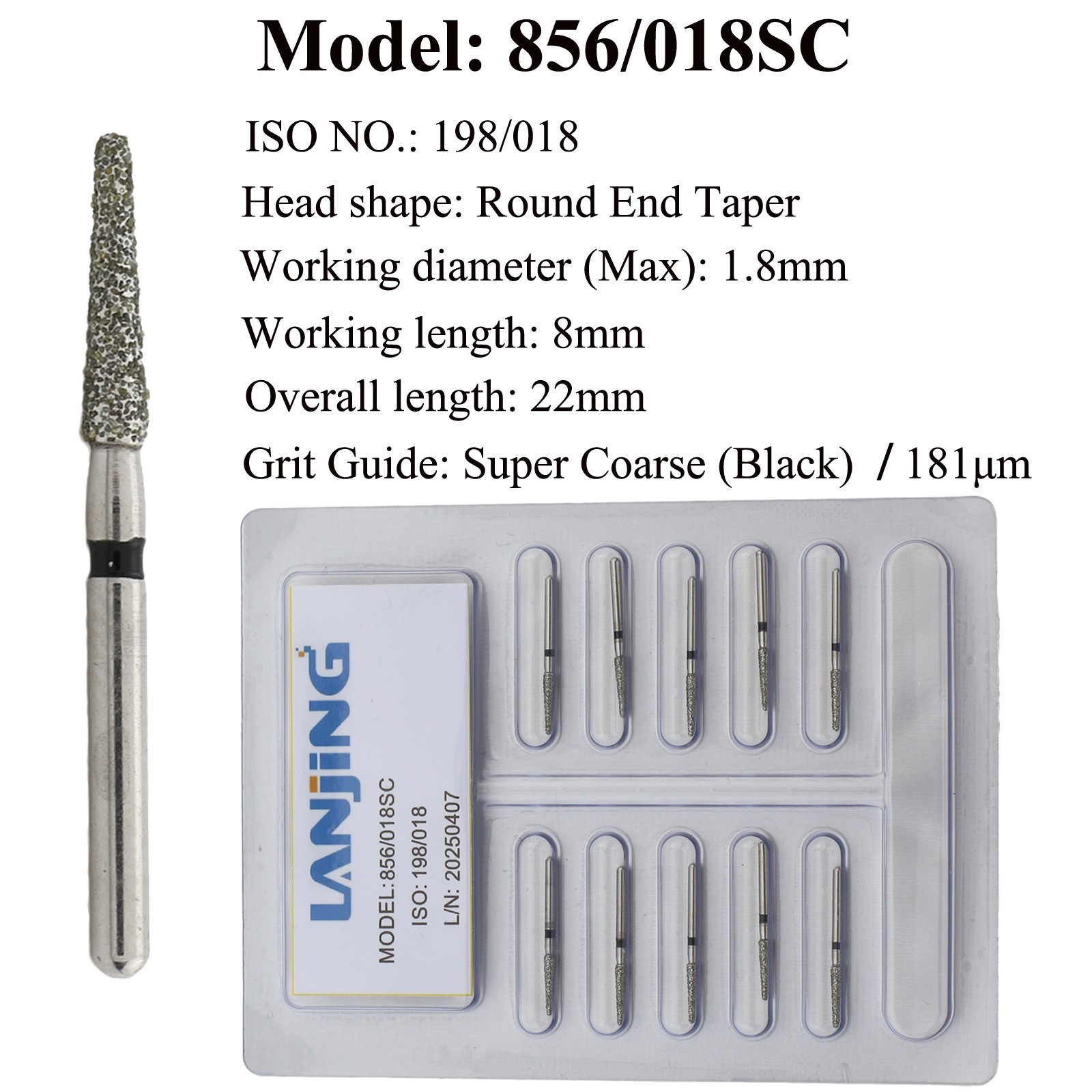 Dental Diamond Bur 856-016 018 025 850 Fine Super Coarse FG Burs Round End Taper
