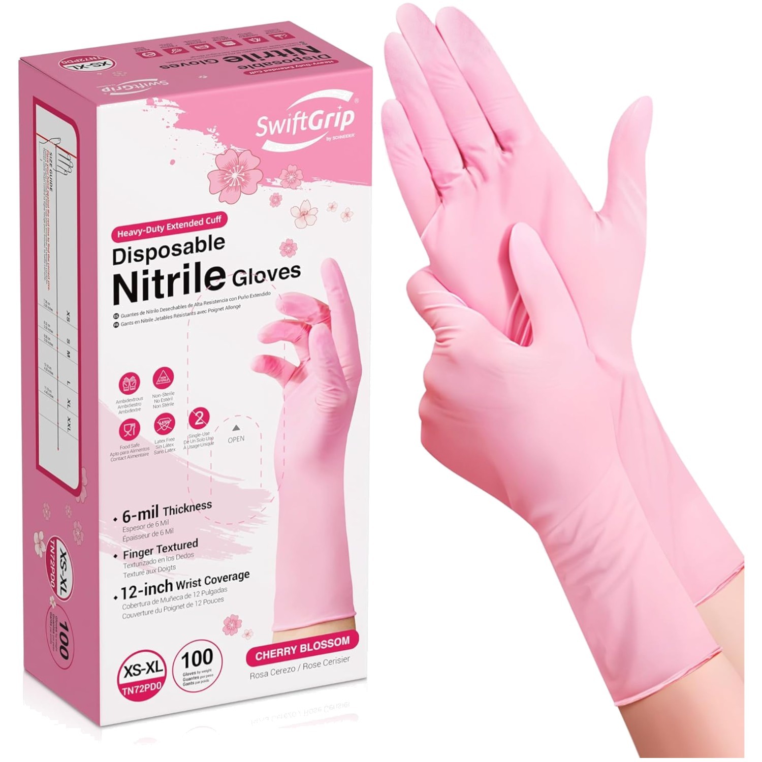 Waterproof Nitrile Dishwashing Gloves, Cherry Blossom, 6-mil