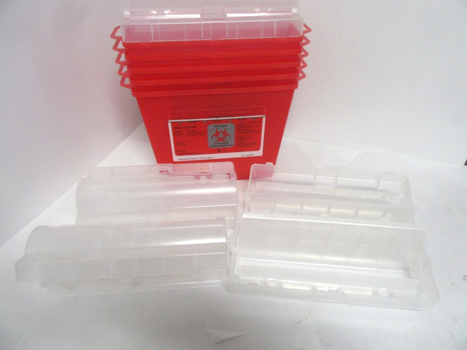 (Lot of 5) Bemis 5 Quart Sharps Container – Translucent Red – Horizontal Entry