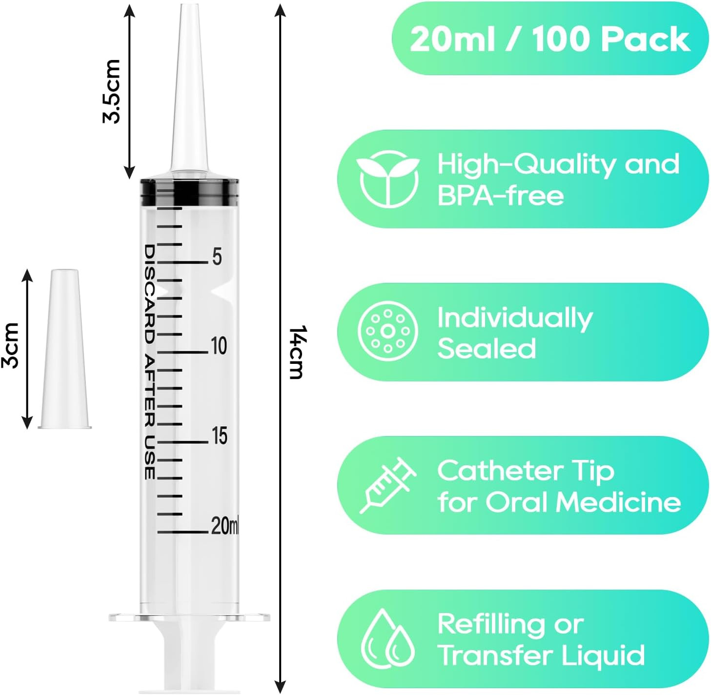 100 Pack 20Ml Syringes, Plastic Syringes with Catheter Tip and Cap, Individually