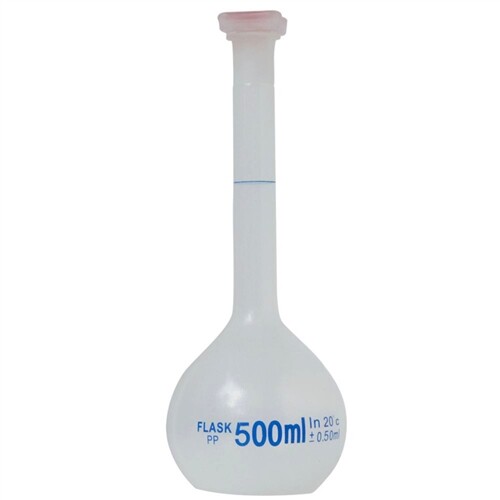 500ml Volumetric Flask, PP, Plug Cap, Graduated, Karter Sci 229Y5 (Pack 100)