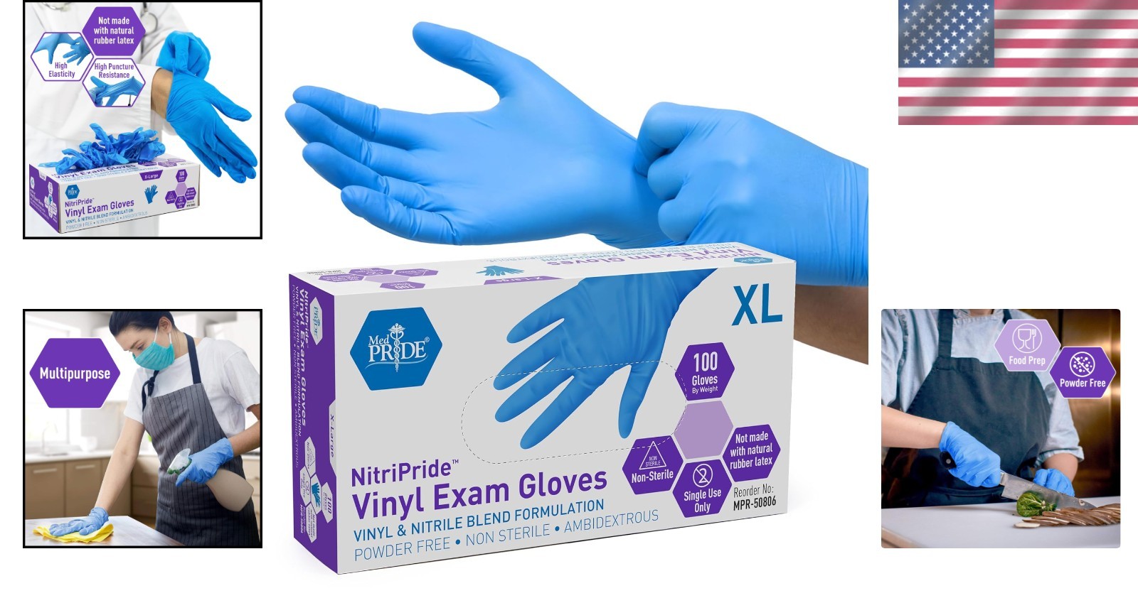 Blue Nitrile/Vinyl Blend Exam Gloves, Latex-Free & Hypoallergenic – Box of 100