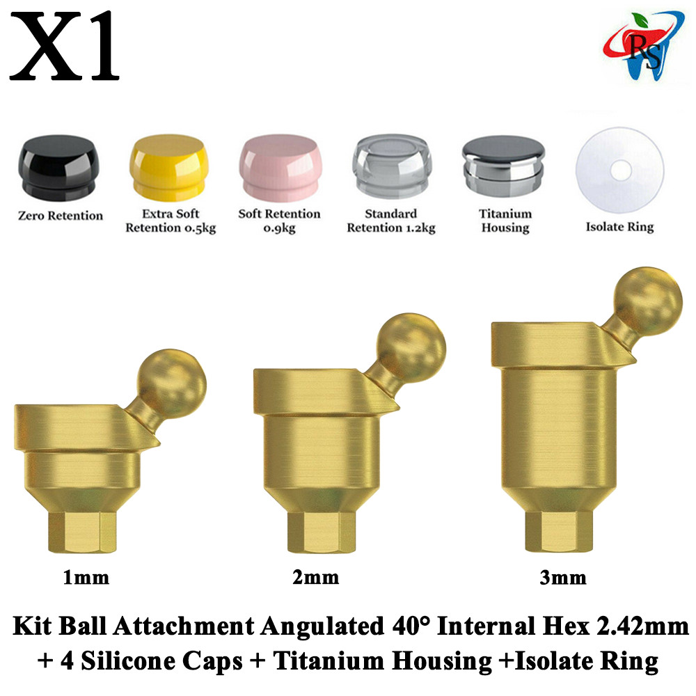 1x Kit Dental Angulated 40° Ball Attachment Retention Caps Titanium Isolate Ring