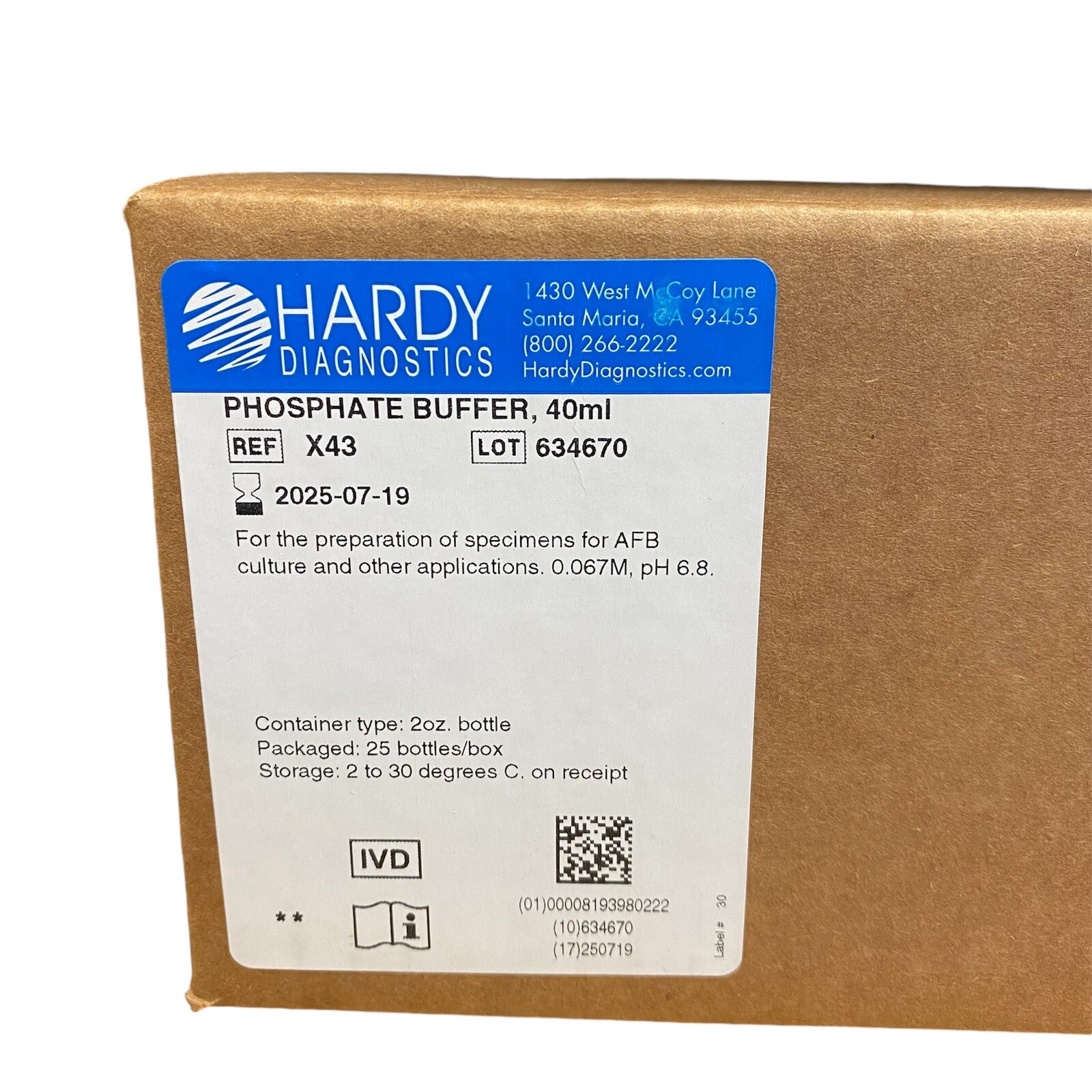 Phosphate Buffer 40ml, Hardy Diagnostics X43, 25 Bottles/Package, 0.067M, pH 6.8