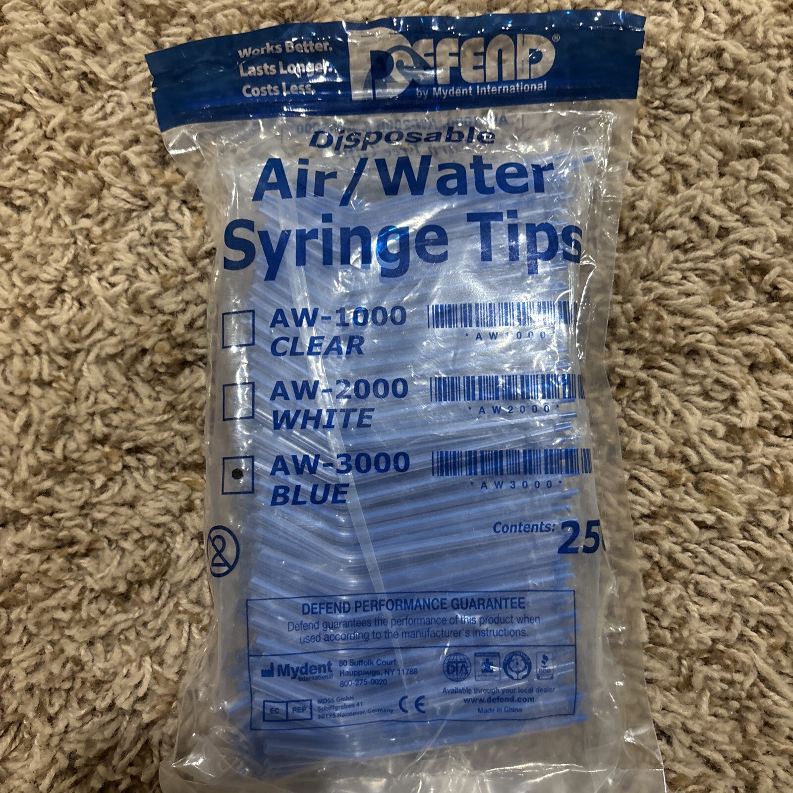 Mydent AW3000 Defend Air/Water Disposable 3-Way Syringe Tips Blue 250/Pk