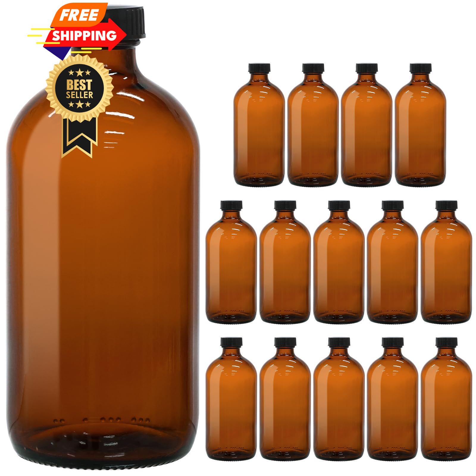 15 Pack 16oz Amber Glass Boston Round Bottles with Phenolic 16oz,