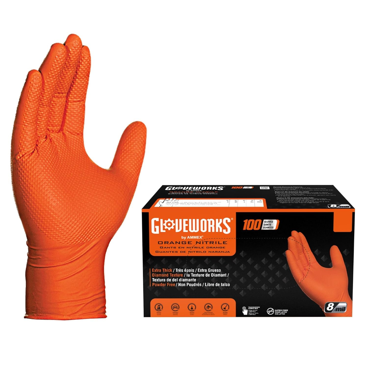 8 Mil Orange Nitrile Disposable Gloves Heavy Duty Industrial RDT for Mechanic an