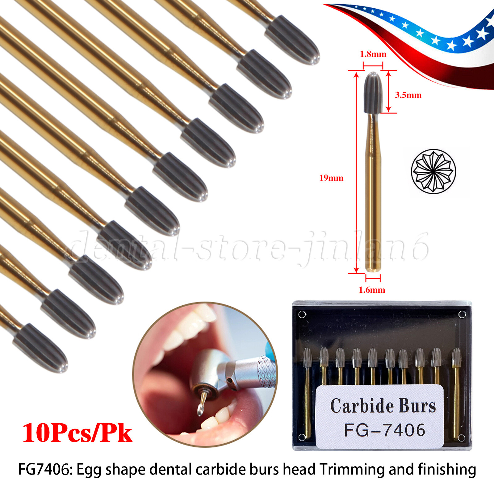 SANDENT Dental Trimming & Finishing Gold Burs Carbide Burs FG 7406