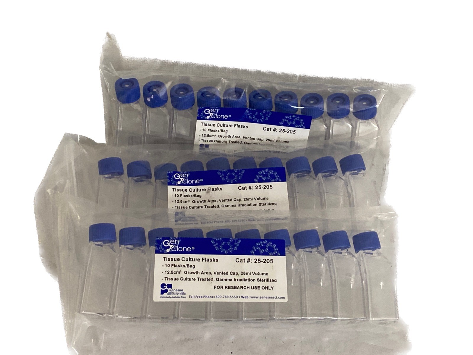 (30) GENESEE GenClone 12.5cm2 TC-Treated Cell Culture Flasks Vented Cap 25-205