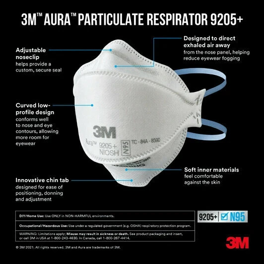 3M N95 NIOSH Approved Particulate Respirator Face Mask 9205+ AURA *USA* Pack 100