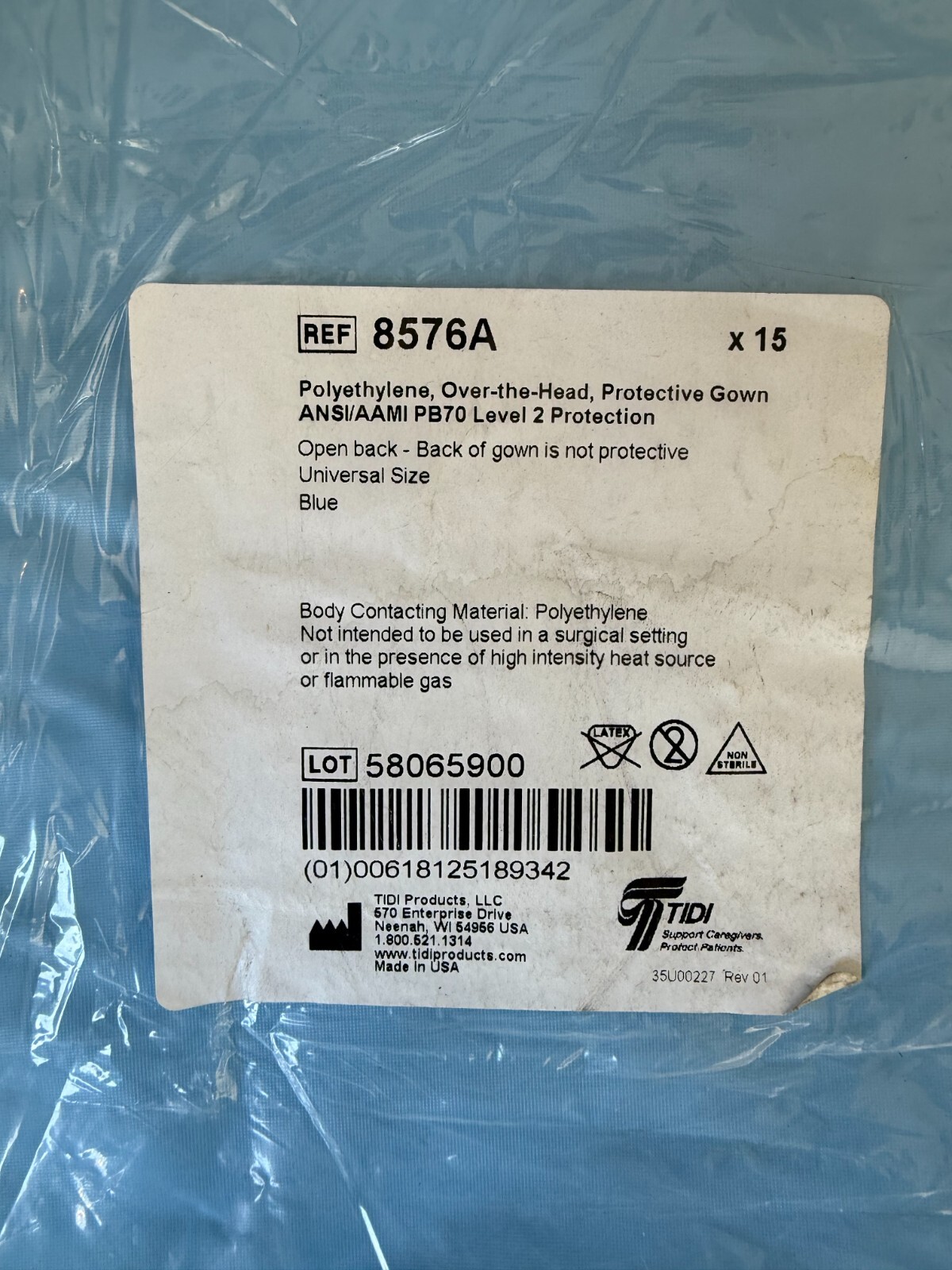 TIDI Shield AAMI Level 2 Isolation Gown Open Back Thumb Loop 8576A – 15 Pack