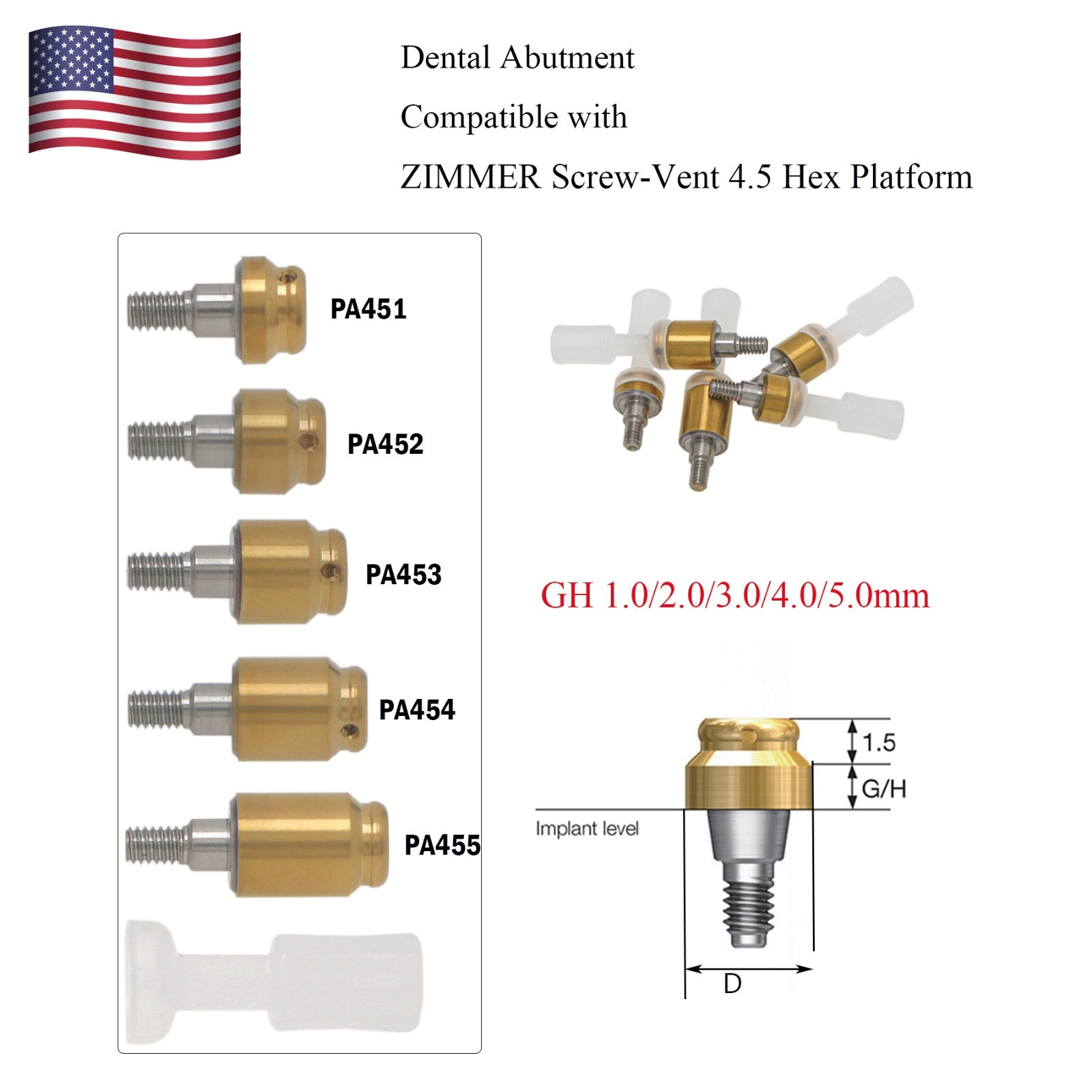 Dental Attachment Locator Abutment for Zimmer Screw-Vent 4.5 Platform 1-5.0mm H
