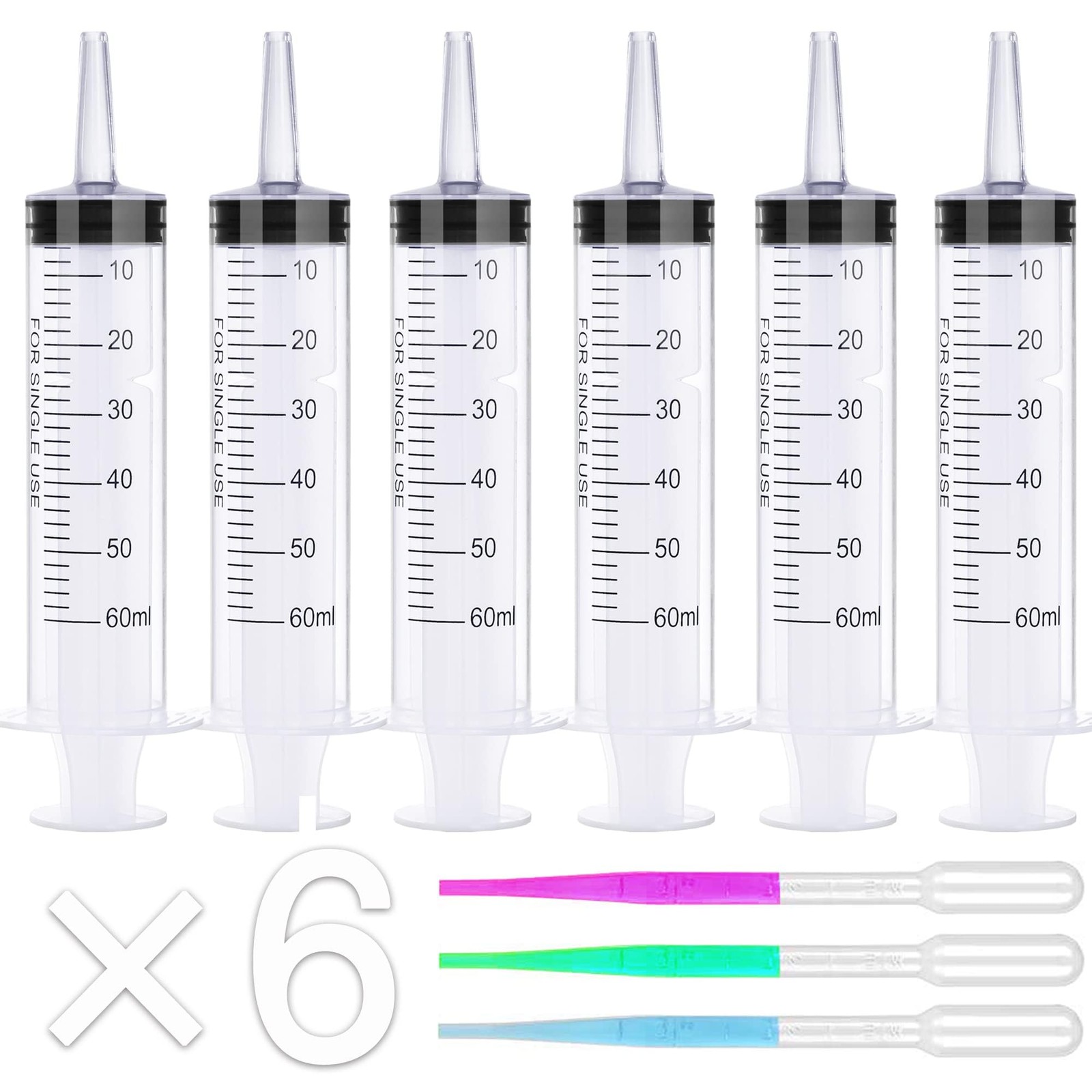 6Pack 60ml Syringe for Liquid – Large Plastic Syringes Without Needle for Food T